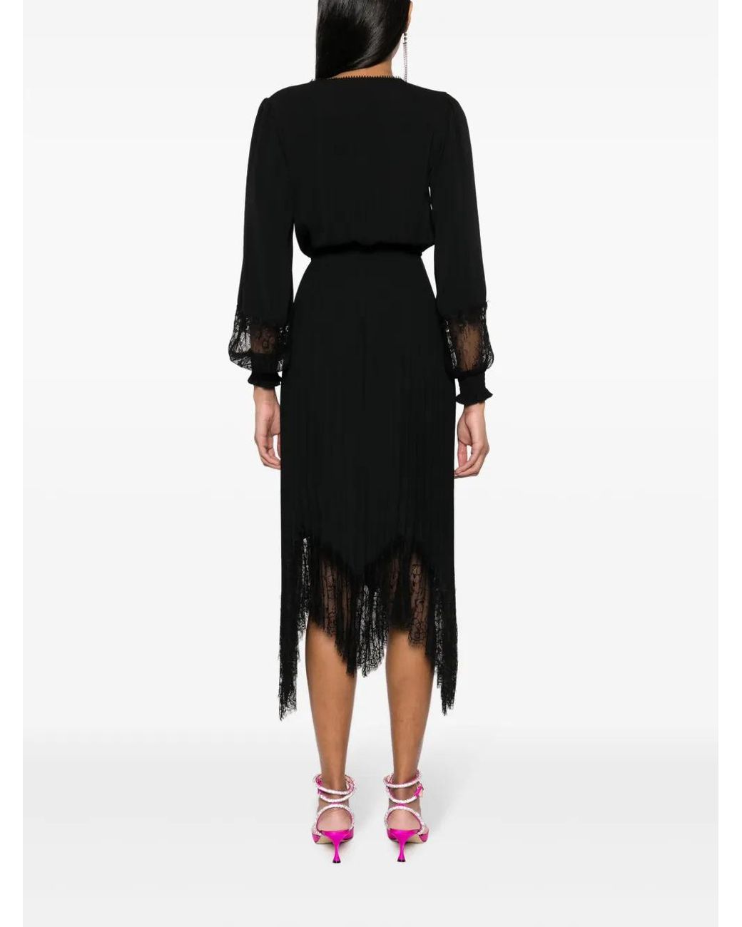 Nissa Black Lace-Trimmed Pleated Dress