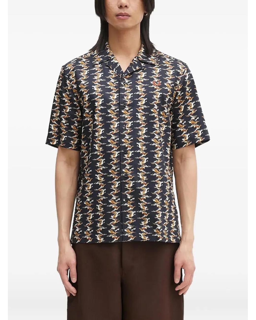 Fred Perry Black Camp-Collar Patterned Shirt for men