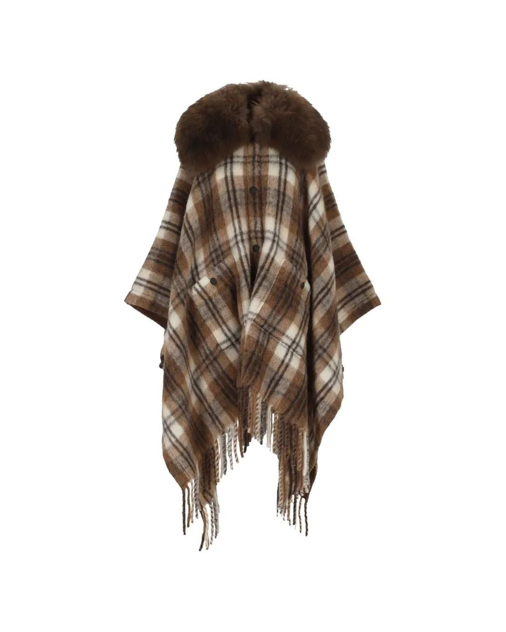 Moncler Brown Check-Pattern Shearling-Collar Cape