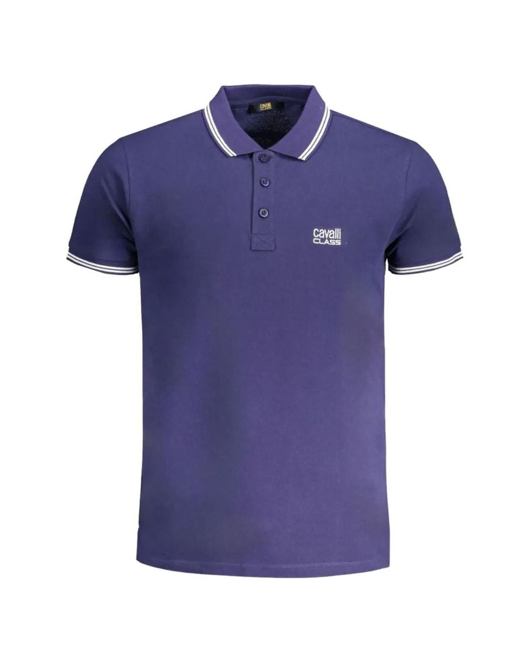 Roberto Cavalli Blue Logo-Embroidered Striped-Trim Polo Shirt for men