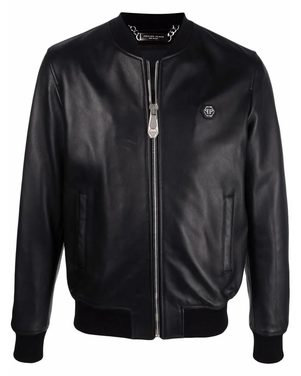 Philipp Plein Black Leather Bomber Jacket for men