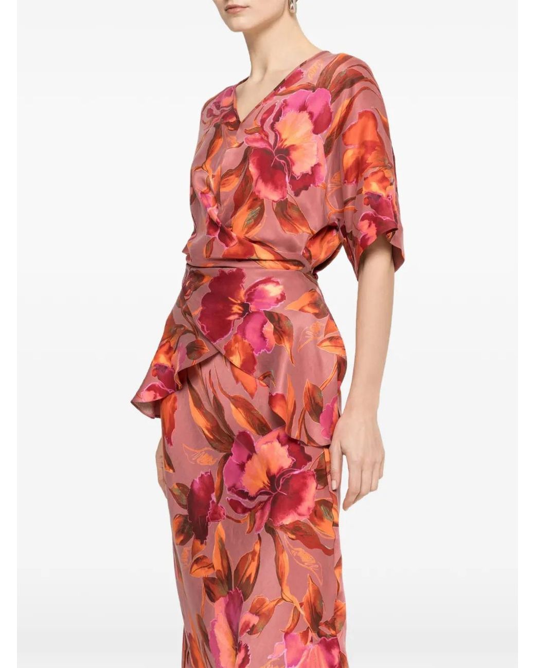 Nissa Red Printed Midi Skirt