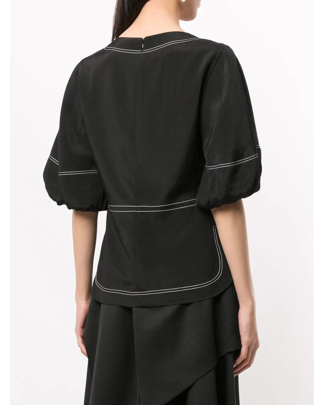 Goen.J Black Topstitching Puff-Sleeves Blouse