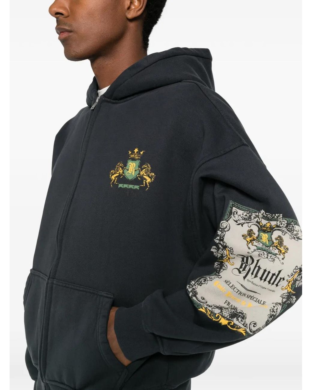 Rhude Black Graphic-Print Zip-Up Hoodie for men