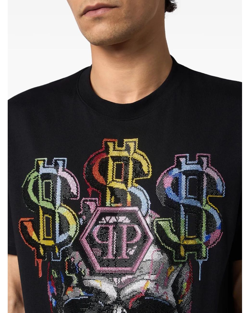 Philipp Plein Black Round Neck T-Shirt Dollar Skull Stones for men