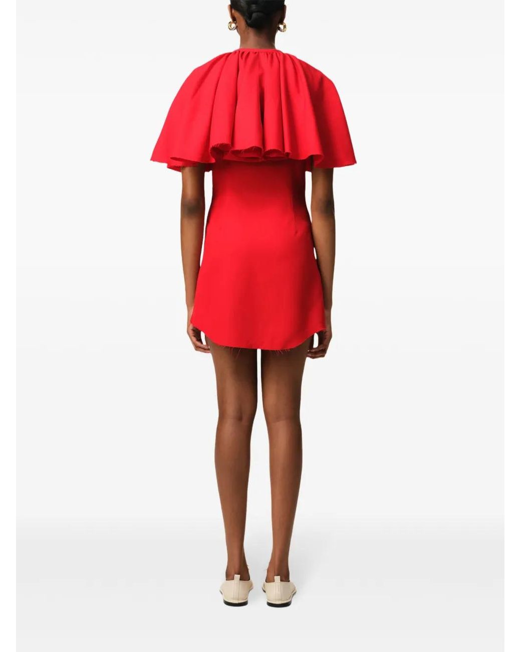 AMI Red Cape-Overlay Frayed-Edge Mini Dress