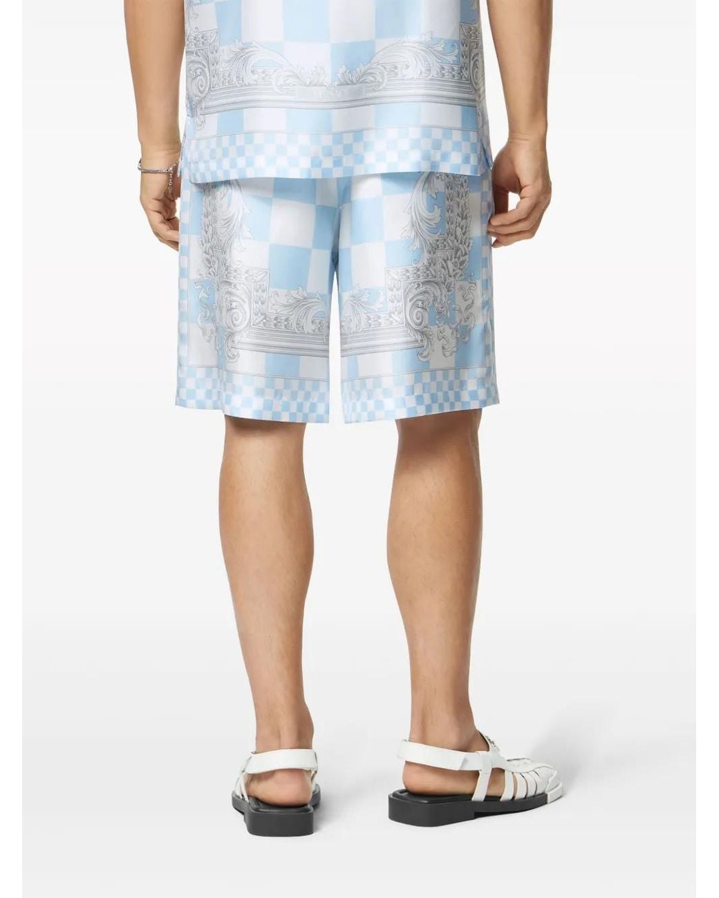 Versace Blue Silk Checkerboard Print Shorts for men