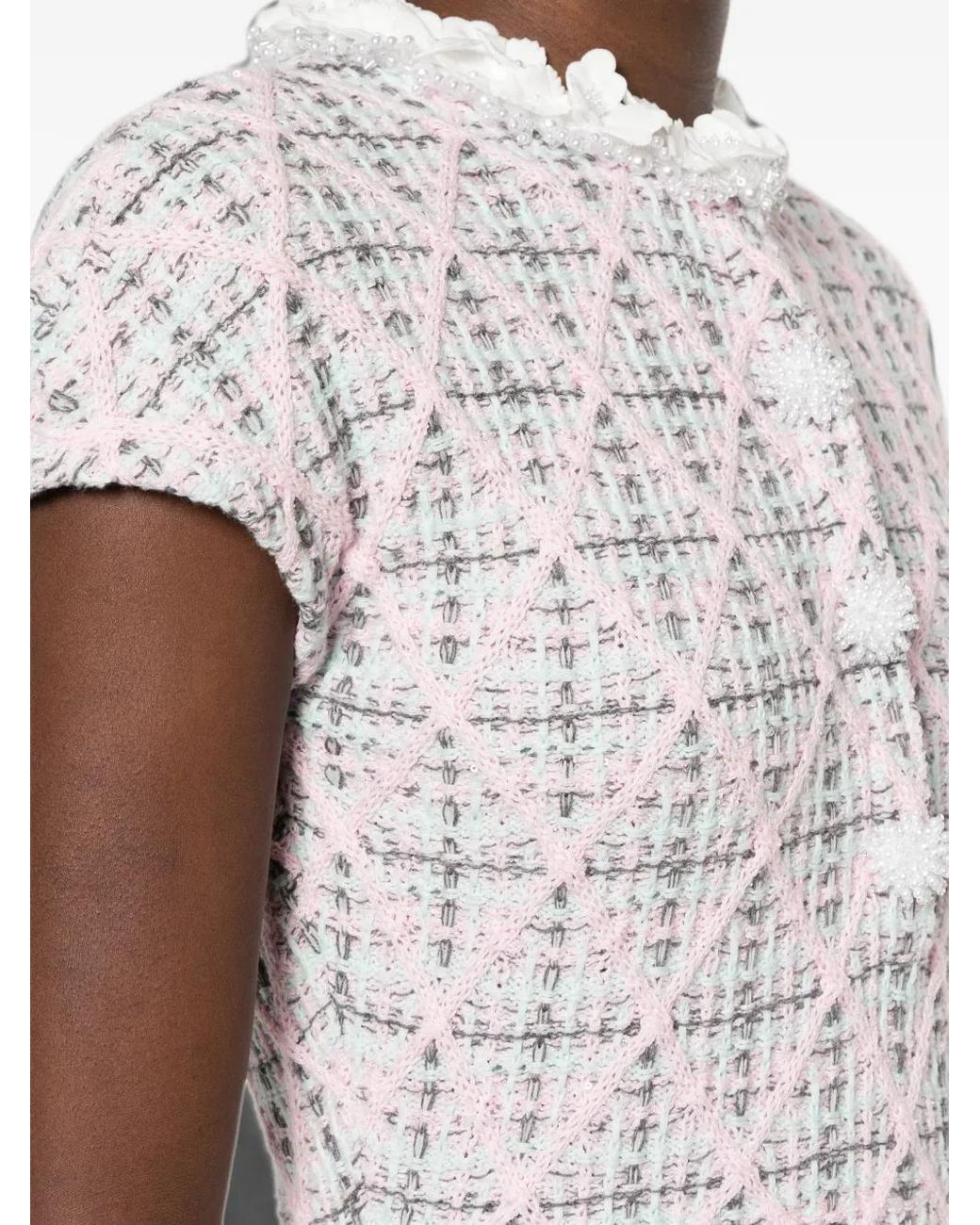 Self-Portrait White Check Knit Beaded Mini Dress