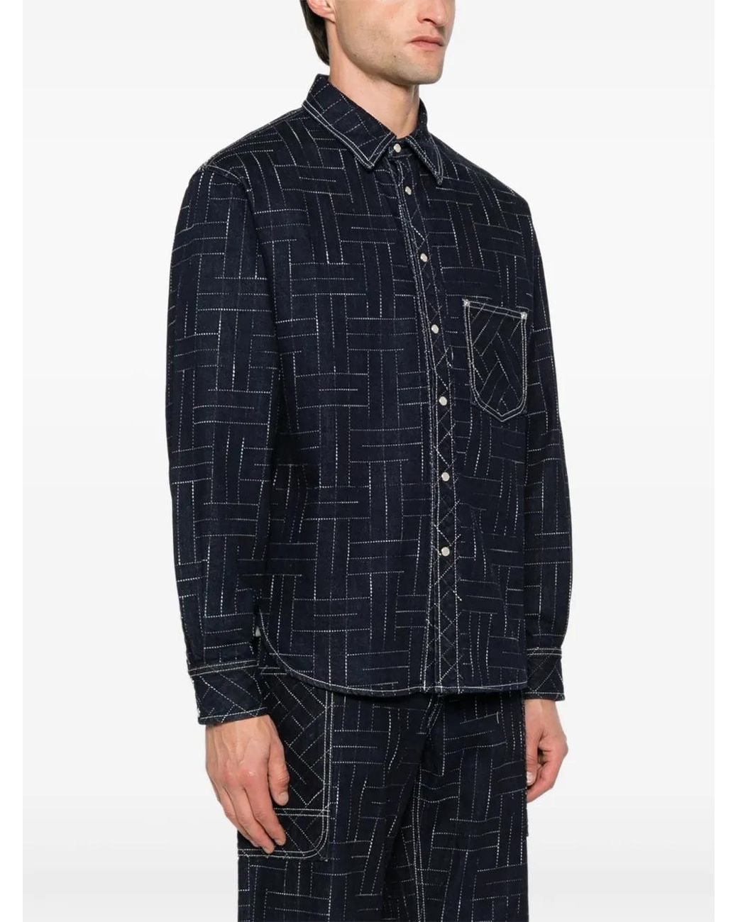 KENZO Blue Geometric-Pattern Cotton Shirt for men