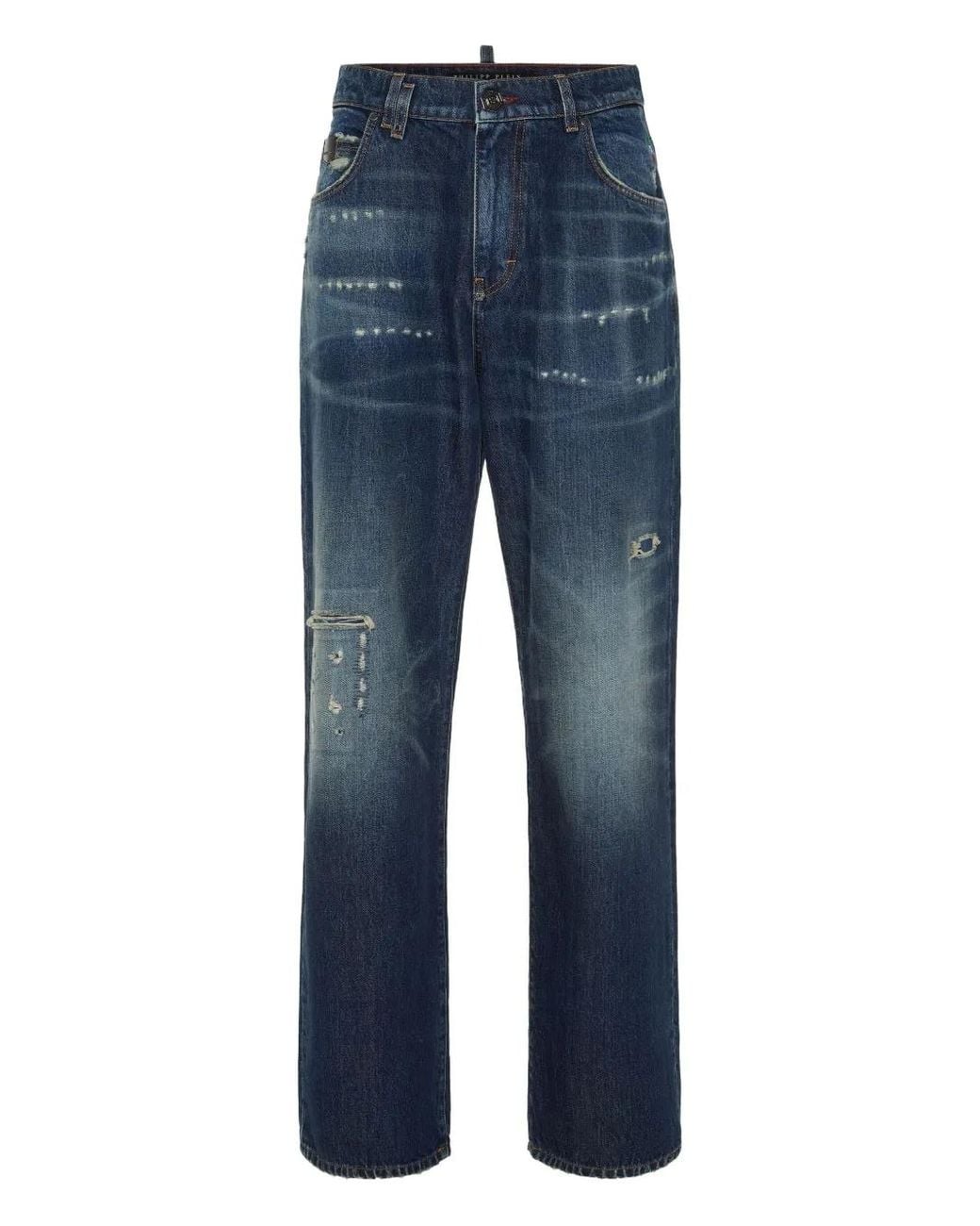 Philipp Plein Blue Distressed Logo-Plaque Jeans for men