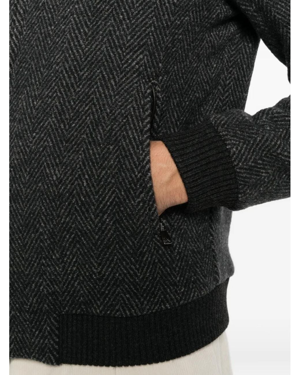 Corneliani Black Herringbone-Pattern Bomber Jacket for men