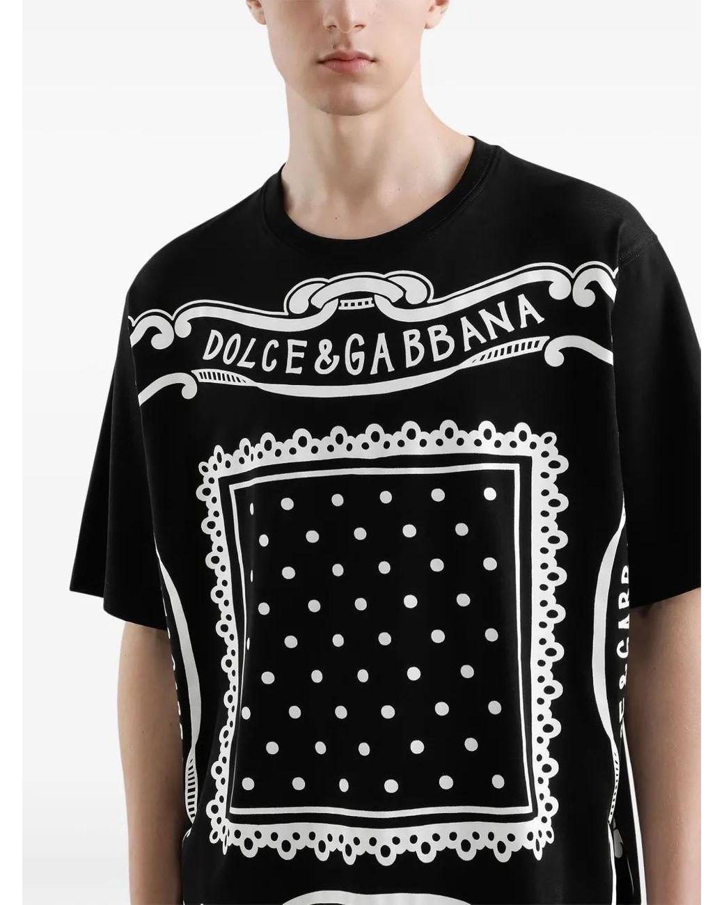 Dolce & Gabbana Black Crewneck T-Shirt With Bandana Print All-Over for men