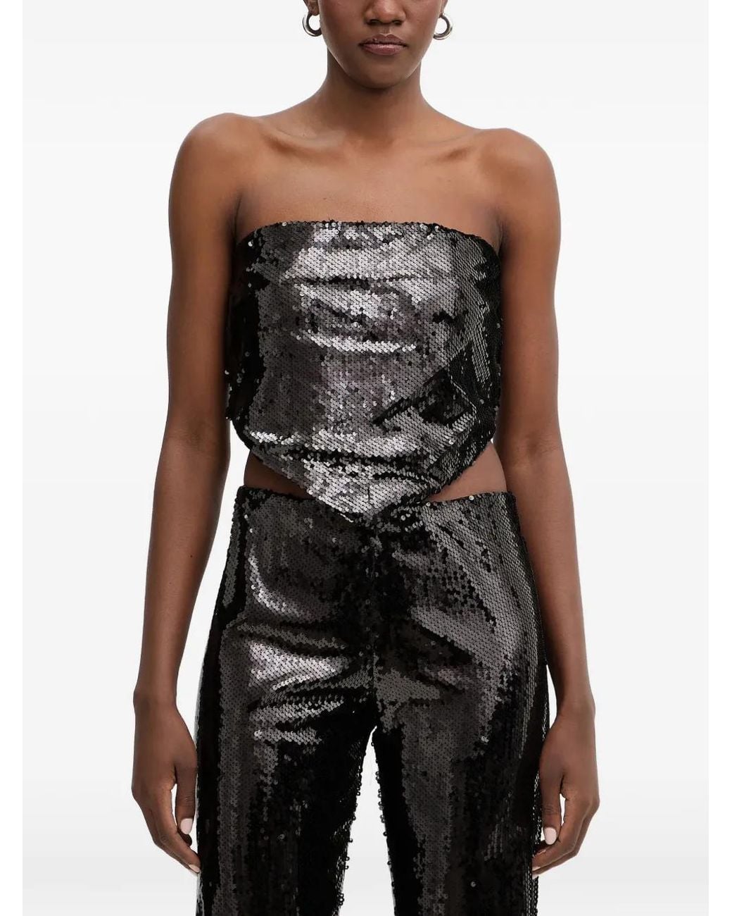 Haveone Black Sequin-Embellished Strapless Top