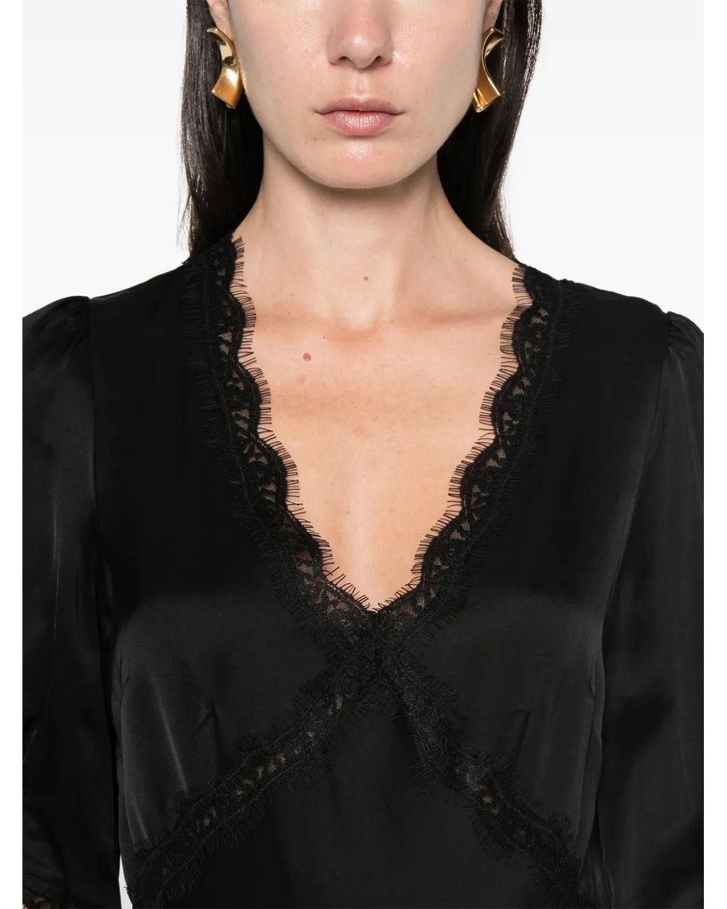 Rixo Black Satin Lace Puff-Sleeve Dress