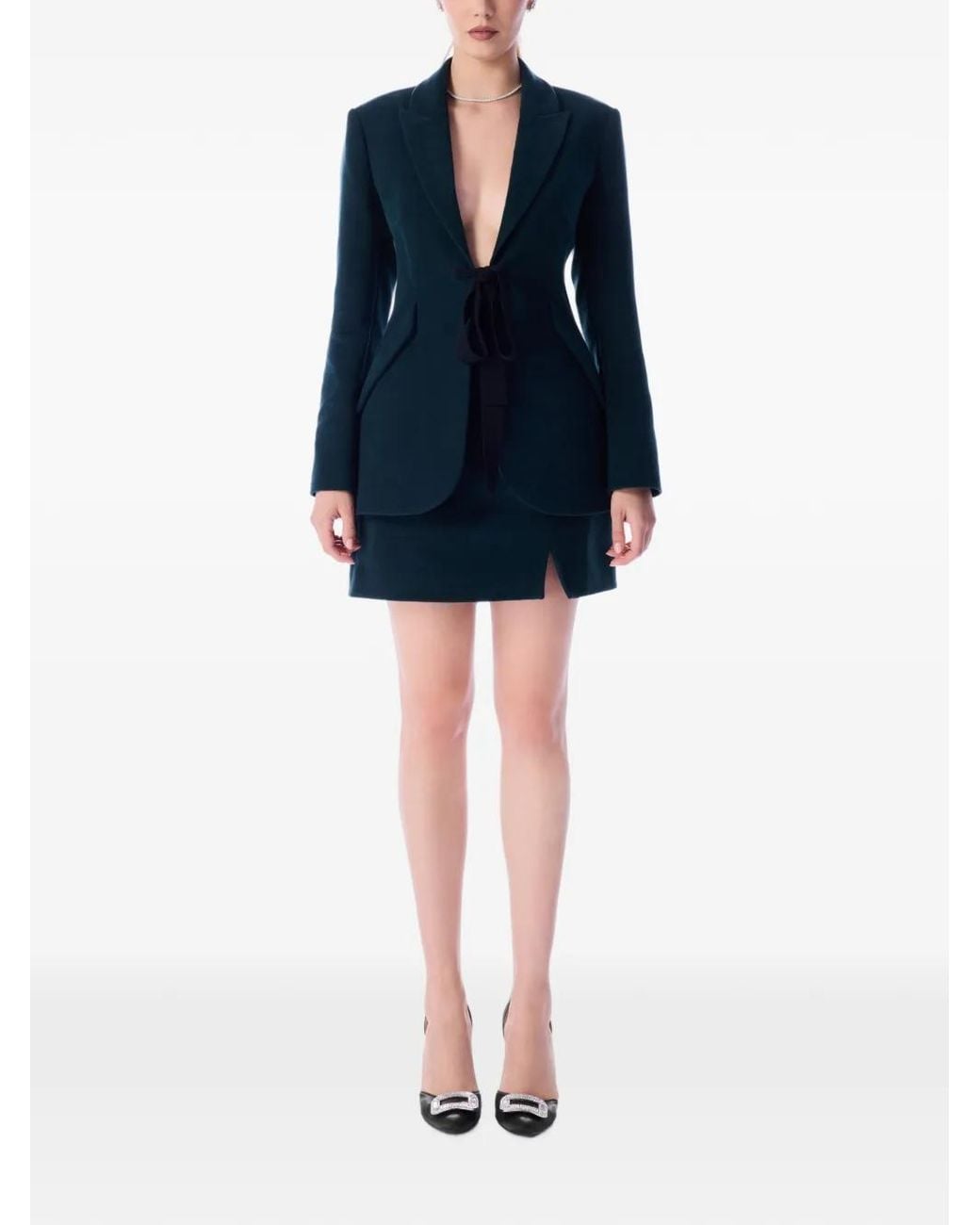 IMROSKA Blue Bow-Fastening Lace-Cuff Skirt Suit