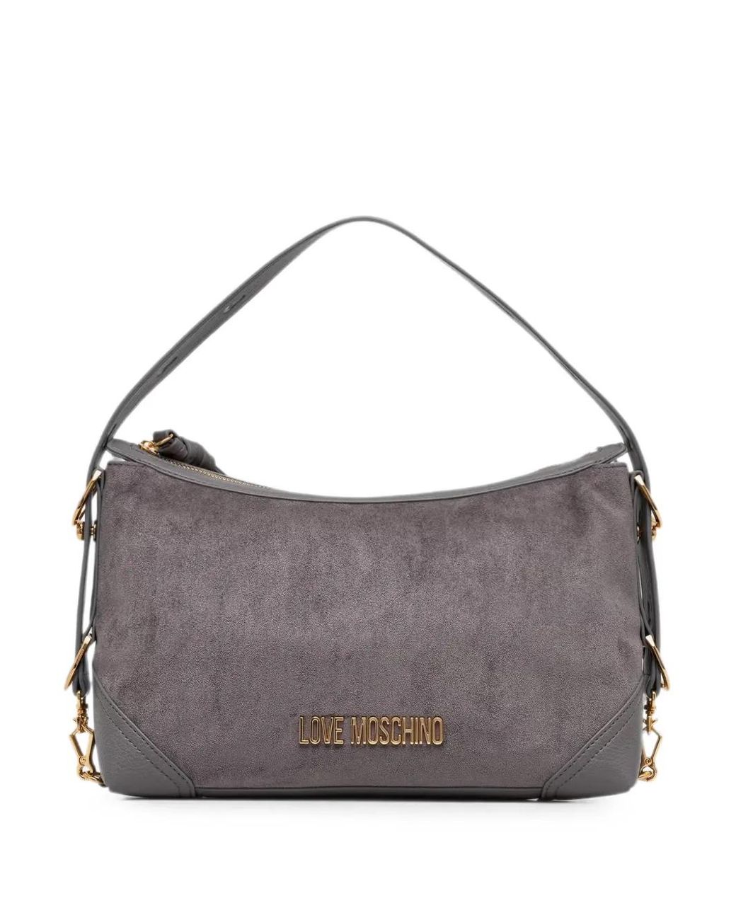 Love Moschino Gray Logo-Plaque Suede-Effect Shoulder Bag