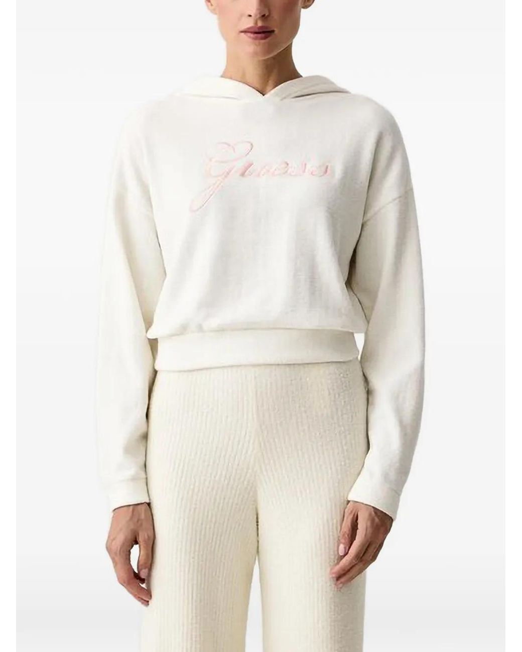 Guess White Aria Logo-Embroidered Dropped-Shoulder Hoodie