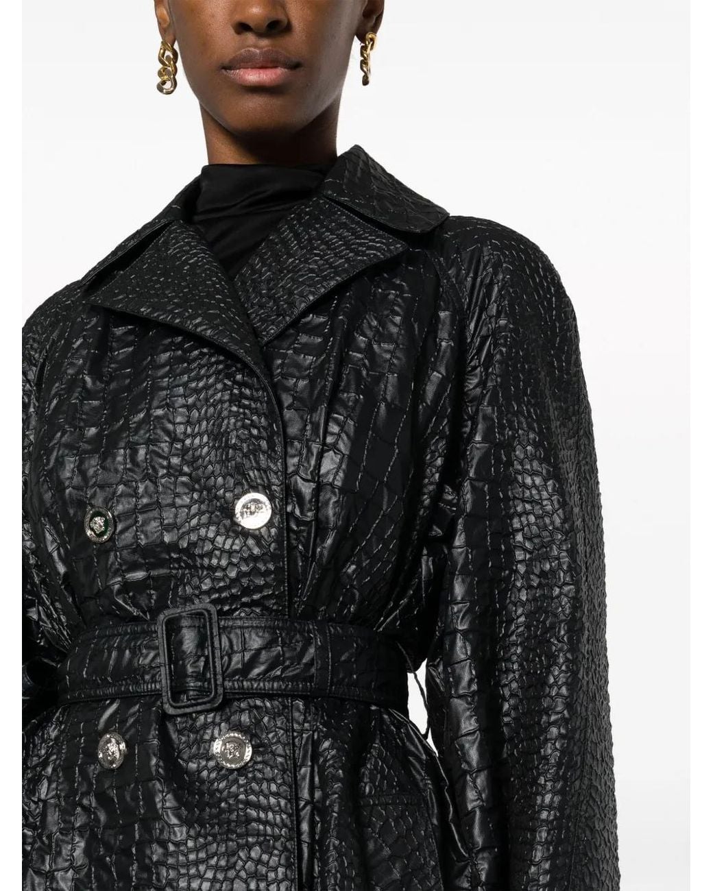 Versace Black Embossed-Crocodile Laminated Trench Coat