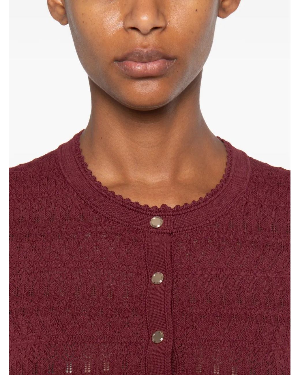 Sandro Red Cropped Pointelle Knit Cardigan