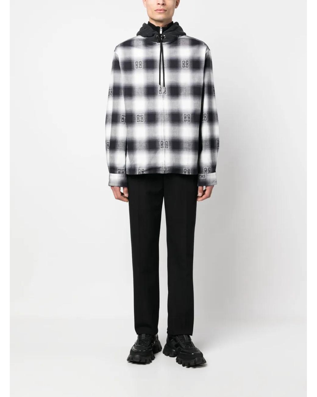 Givenchy Gray Check-Pattern Oversize Hooded Shirt Jacket for men
