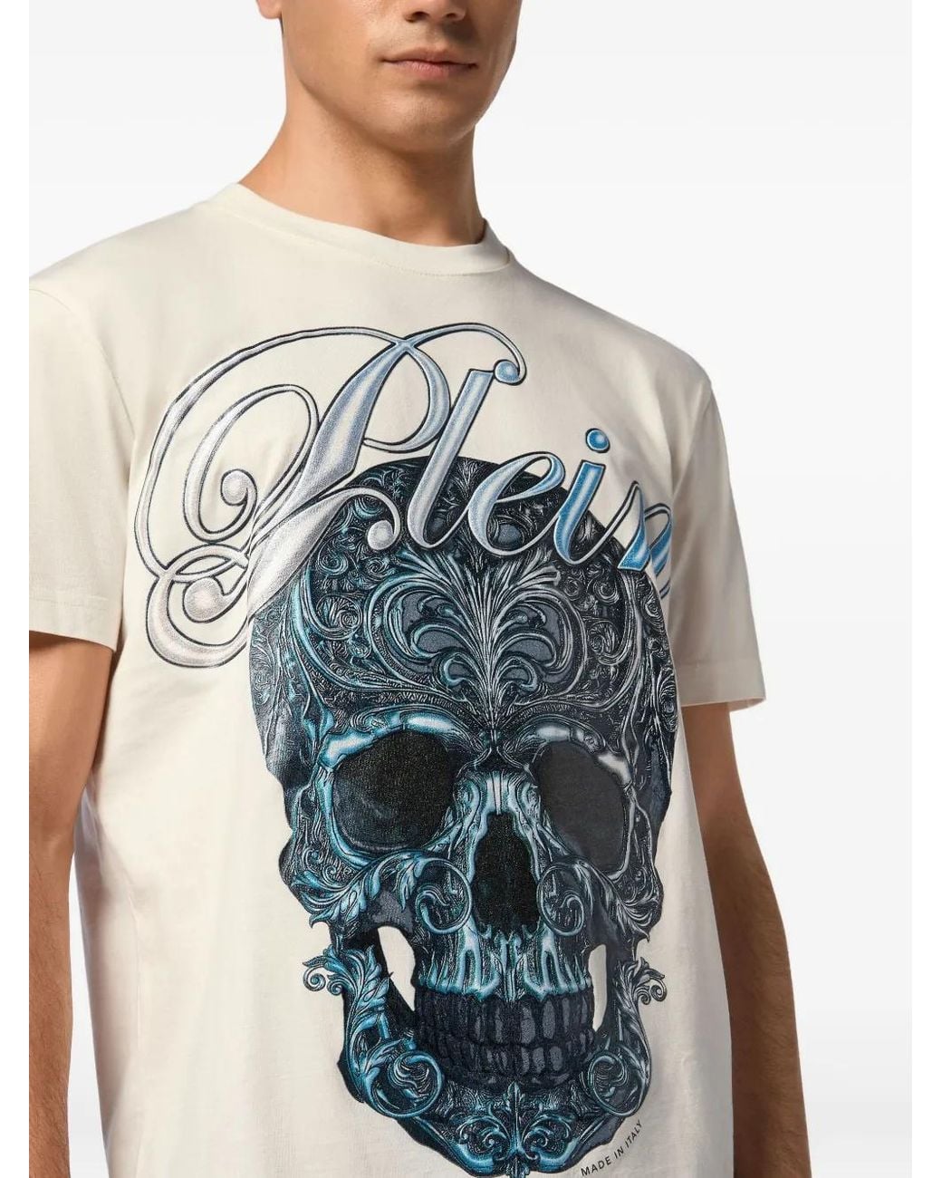 Philipp Plein Blue Skull-Print Cotton T-Shirt for men