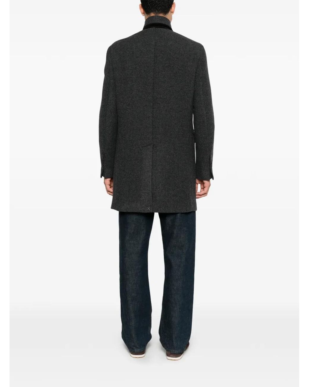 Fay Black Herringbone-Weave Hook-Fastening Coat for men