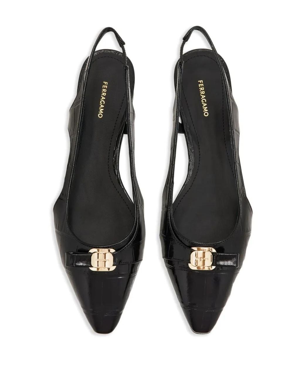 Ferragamo Black Croc-Effect Slingback-Strap Ballet Flats