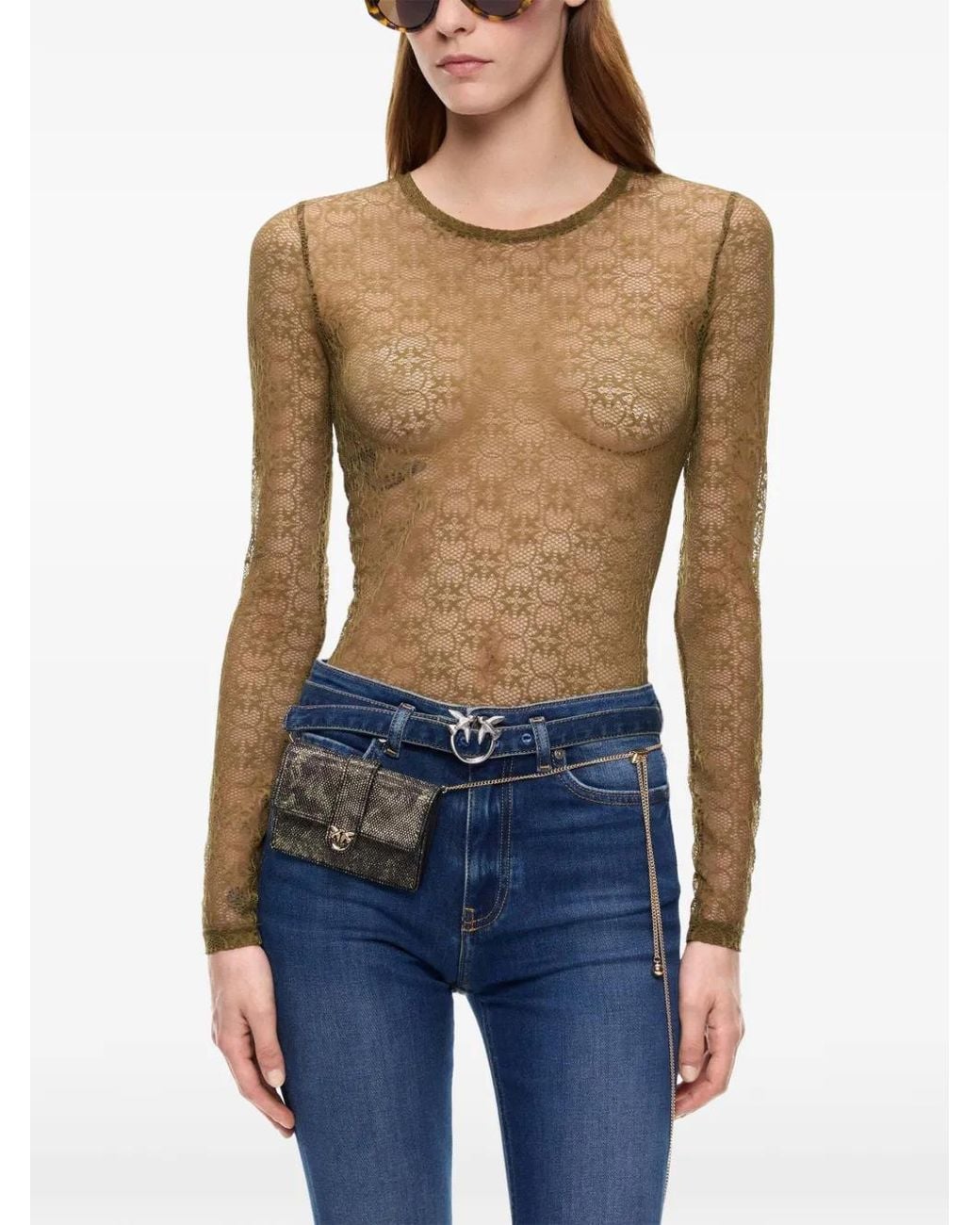 Pinko Green Stretch Lace Sweater With Love Birds Logo Motif