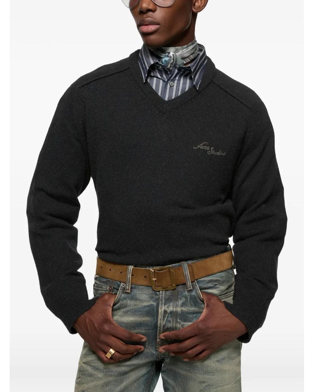 Acne Black Camel Hair V-Neck Sweater for men
