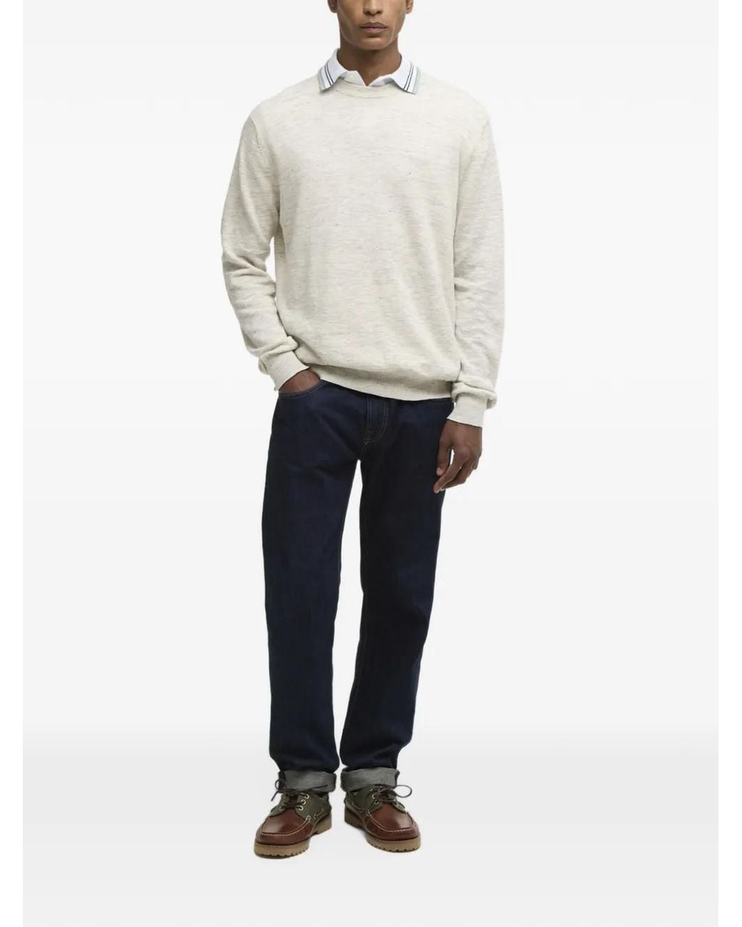 Barbour White Flaxby Linen Blend Crew Neck Sweater for men
