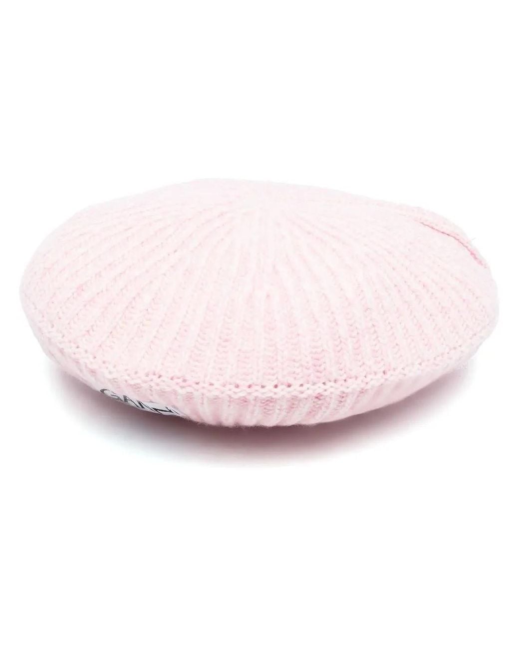 Ganni Pink Ribbed Logo-Patch Beret