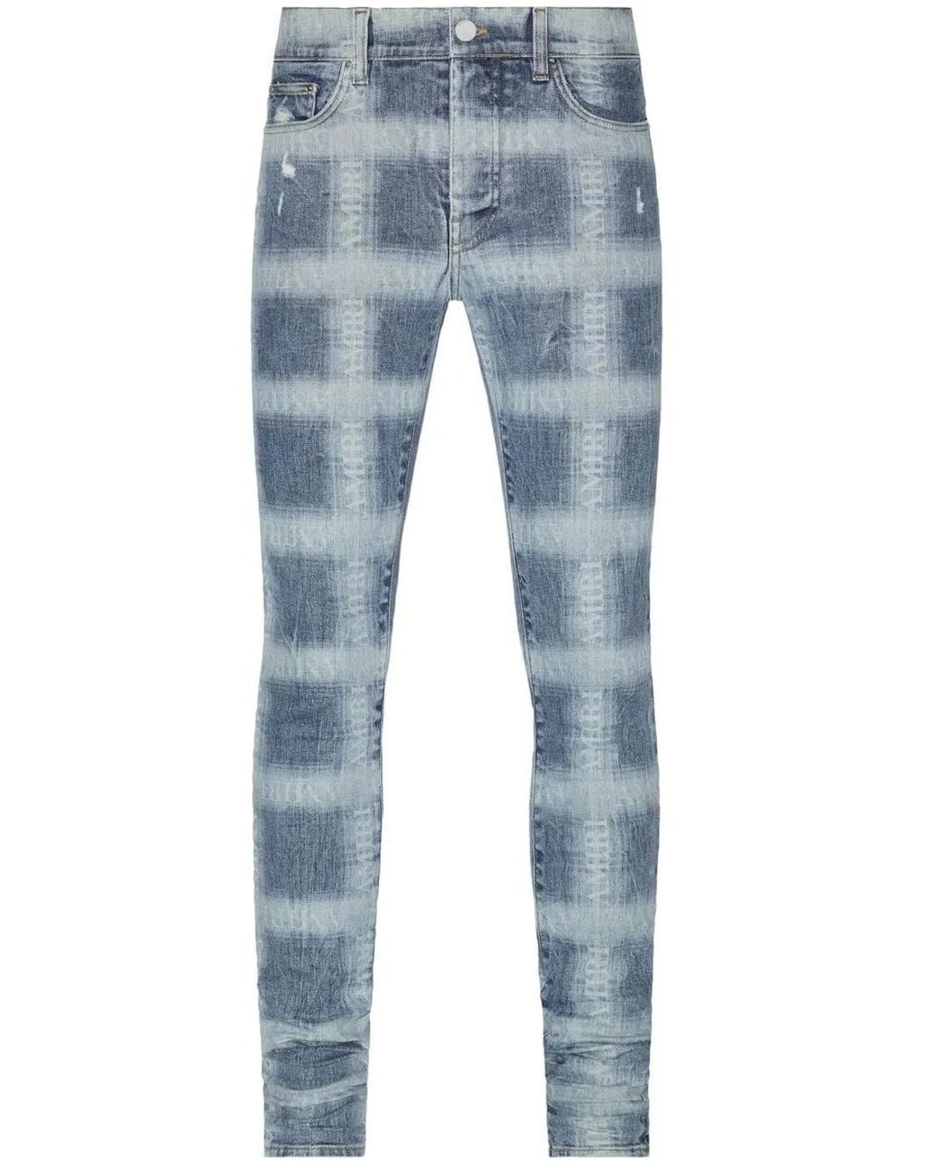 Amiri Blue Logo Plaid-Print Skinny Jeans for men