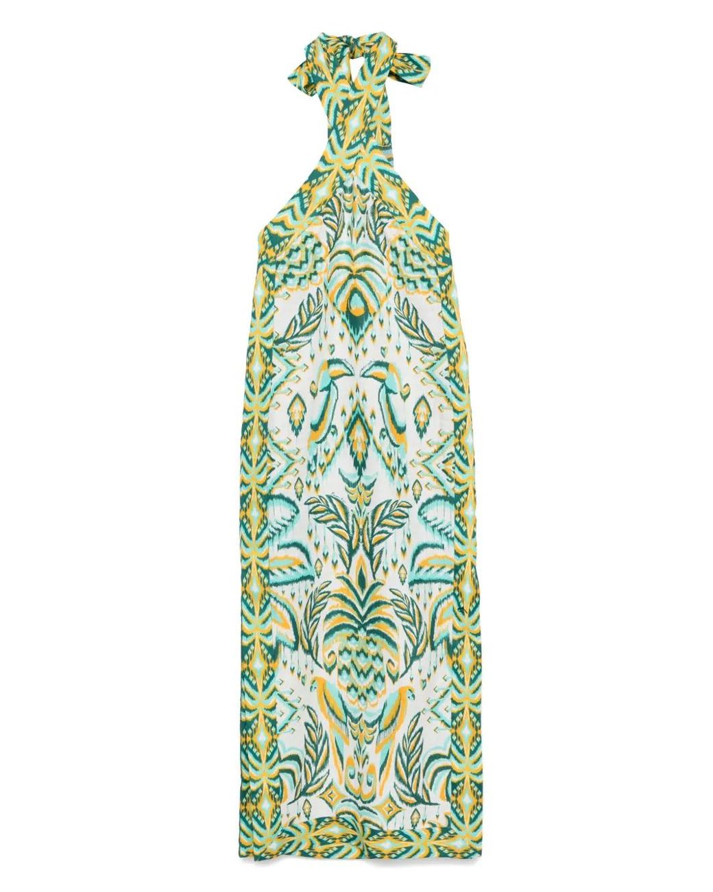 Farm Rio Green Tropical Tapestry Off- Halter Neck Dress