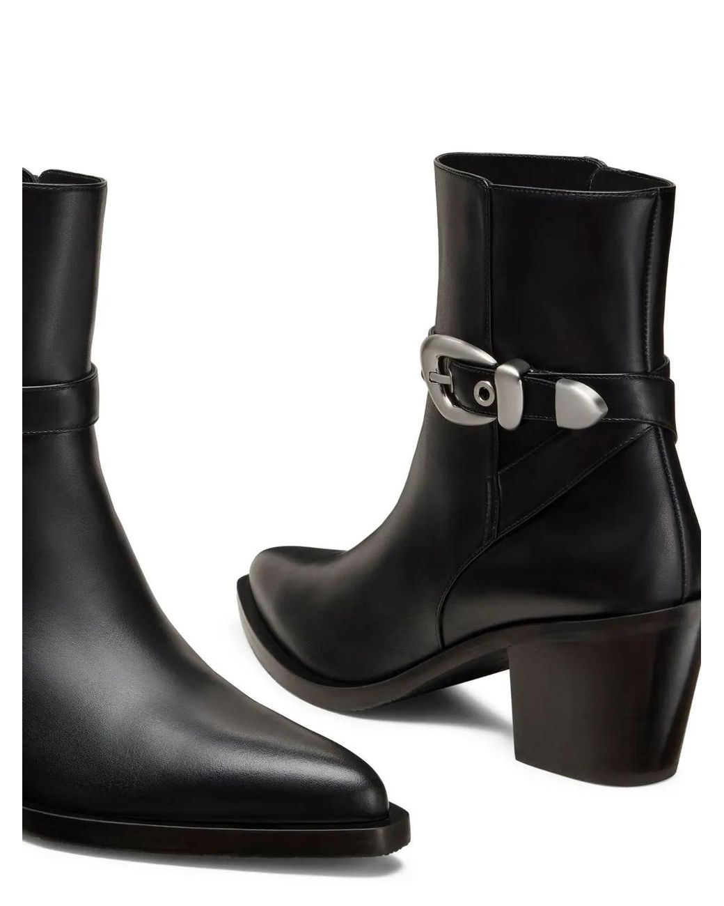 Stuart Weitzman Black Maven Buckle-Strap Pointed-Toe Boots