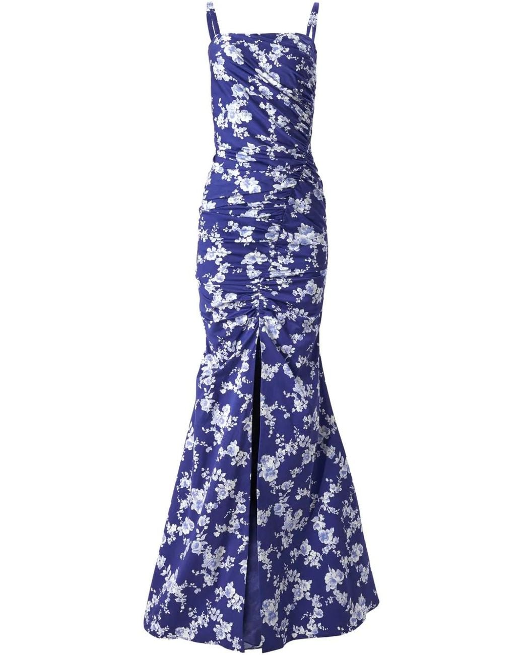 Carolina Herrera Blue Floral-Print Gathered Gown