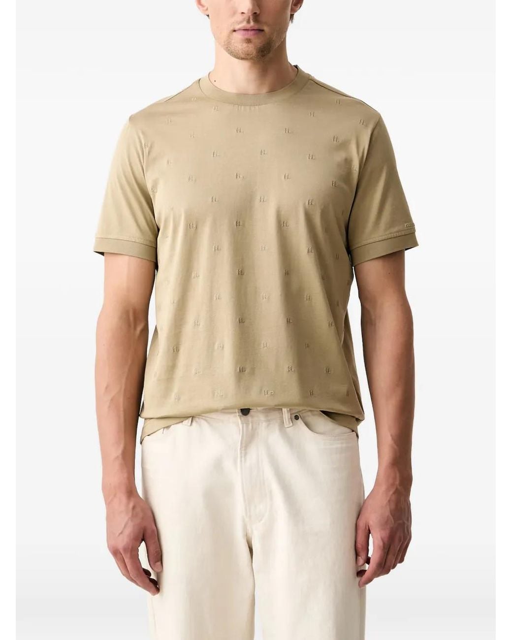 Karl Lagerfeld Natural Monogram-Embossed Logo-Patch T-Shirt for men