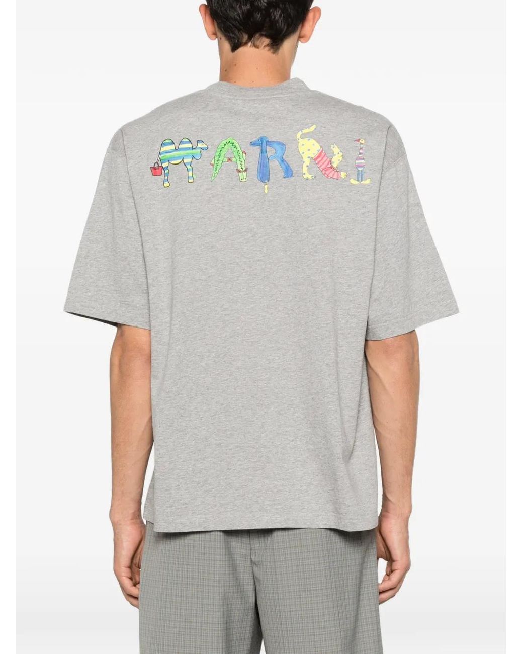 Marni Gray Cotton T-Shirt With Animal Alphabet "I" Print for men