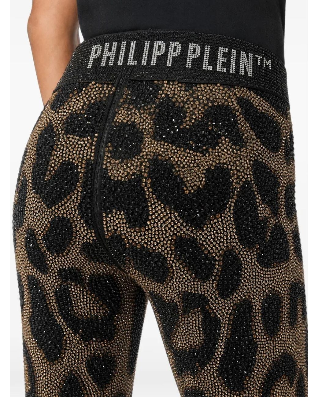 Philipp Plein Black Leopard-Print Rhinestone-Embellished Leggings