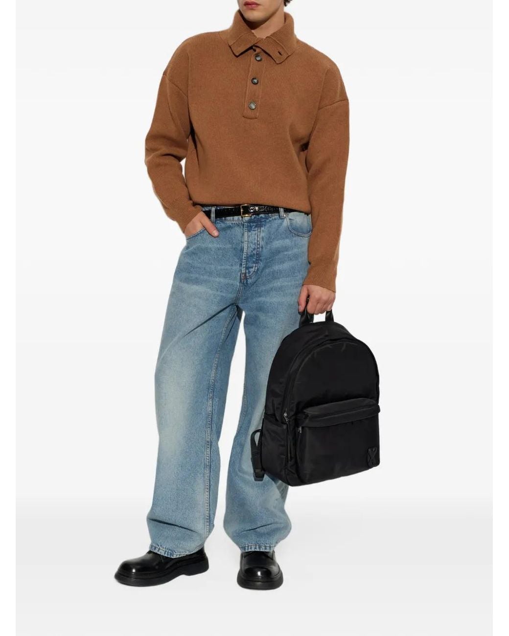 AMI Brown High Buttoned Collar Wool Sweater