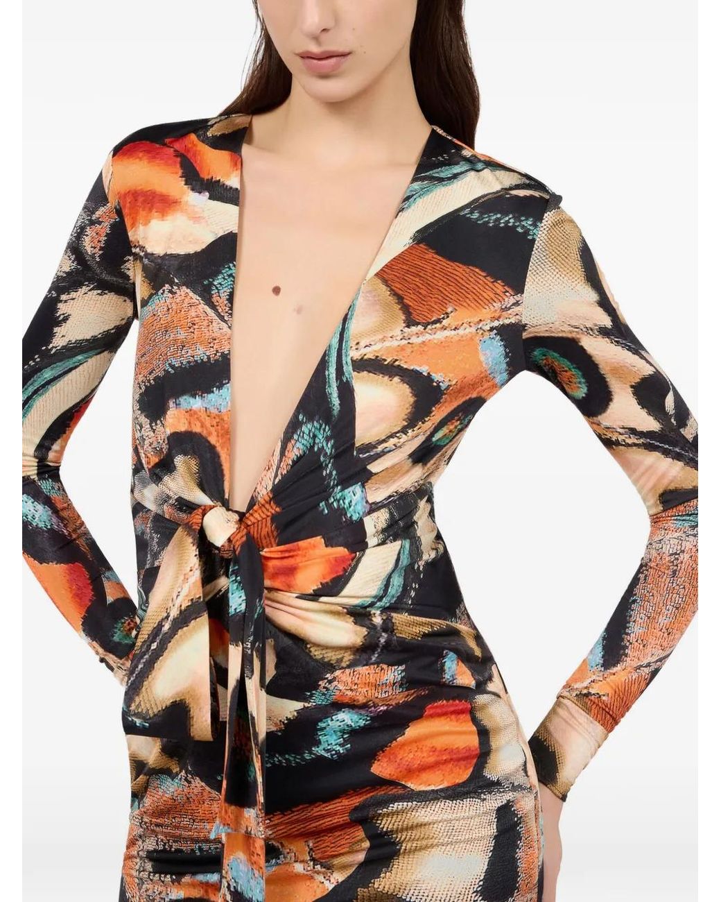 Roberto Cavalli White Butterfly-Print Knot-Detail Mini Dress
