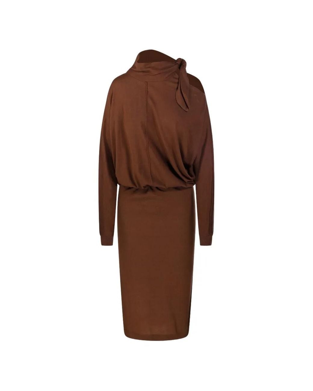 Nude Brown Bow-Detail Cold-Shoulder Midi Dress
