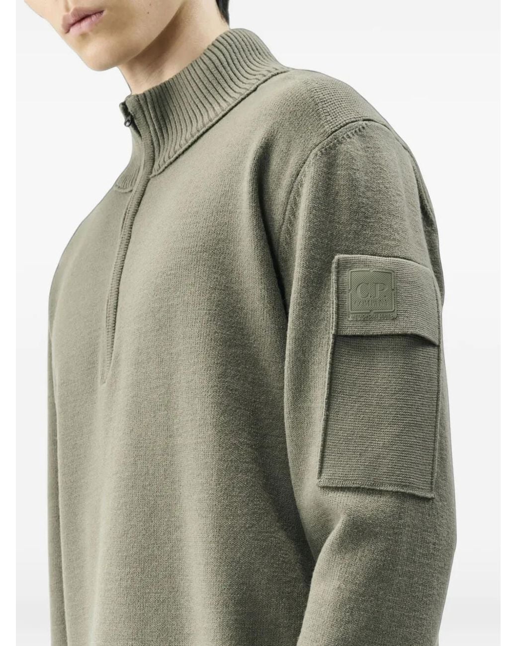 C P Company Green Metropolis Series Extrafine Merino Wool Half Zip Sweater for men