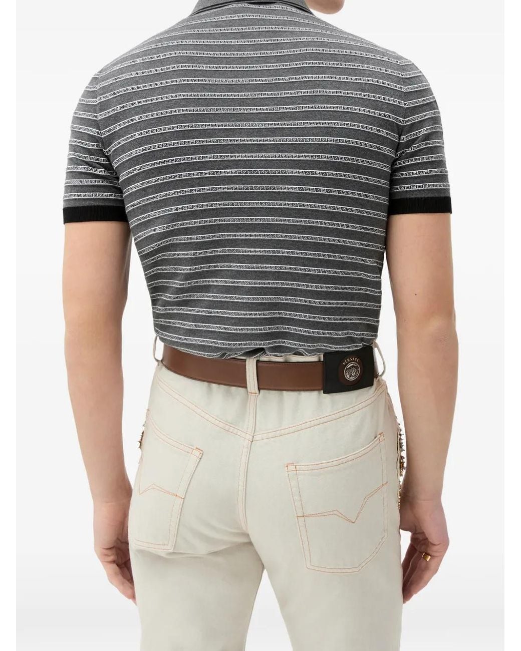 Versace Gray Jacquard Cotton-Blend Knit Polo for men