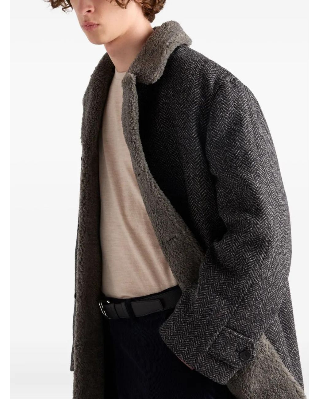 Prada Herringbone Shearling-Collar Coat in Gray for Men | Lyst