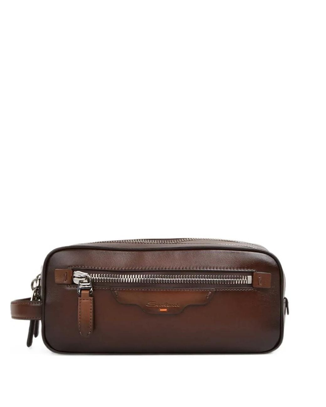 Santoni Brown Grained Leather Toiletry Bag for men