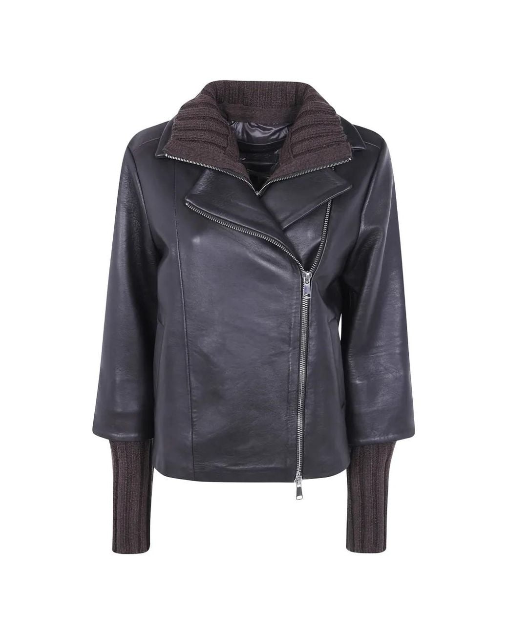 The Jackie Leathers Gray Gemini Ribbed-Knit Leather Jacket