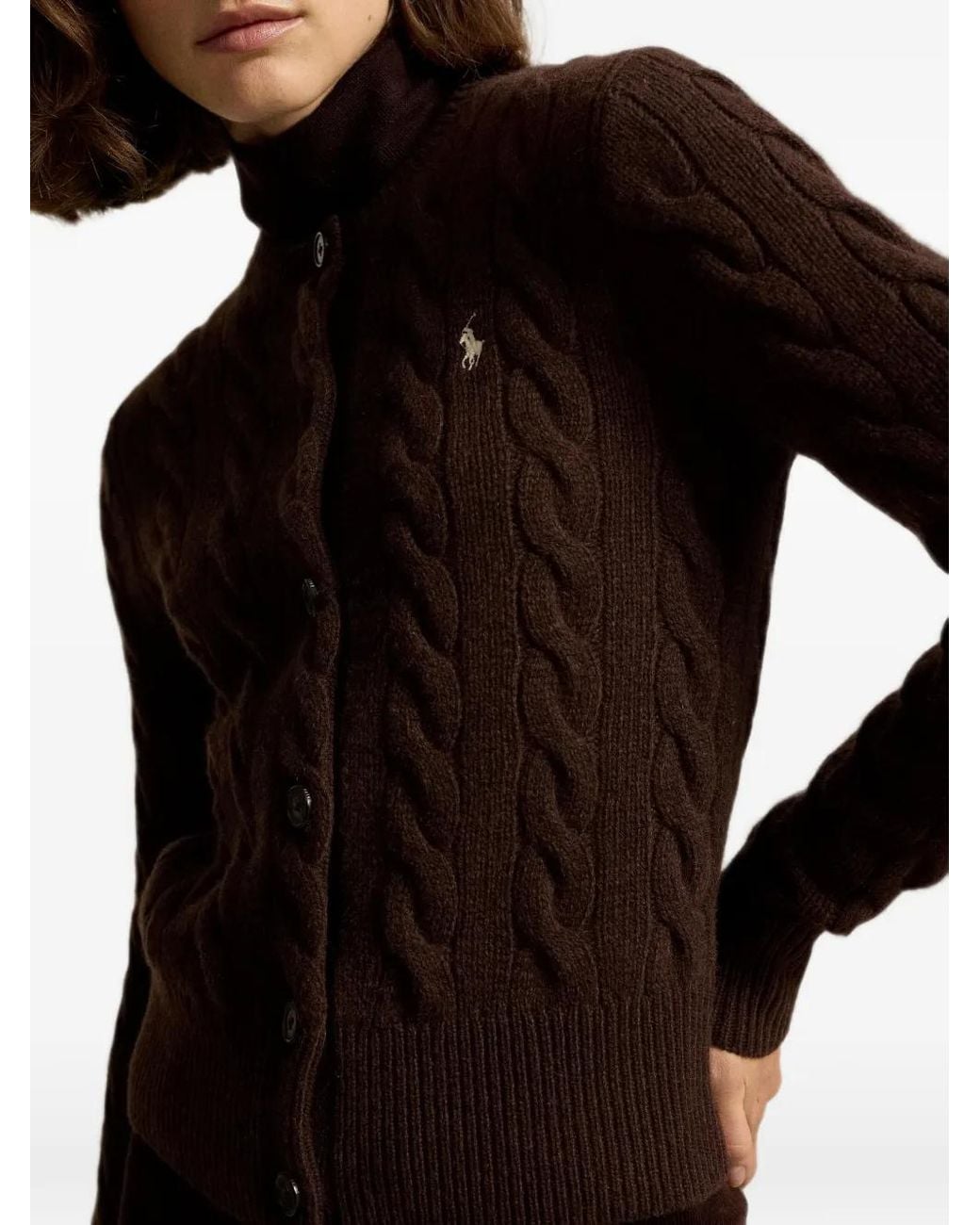 Polo Ralph Lauren Brown Dark Cable-Knit Wool And Cashmere Crew-Neck Cardigan With Pony Embroidery