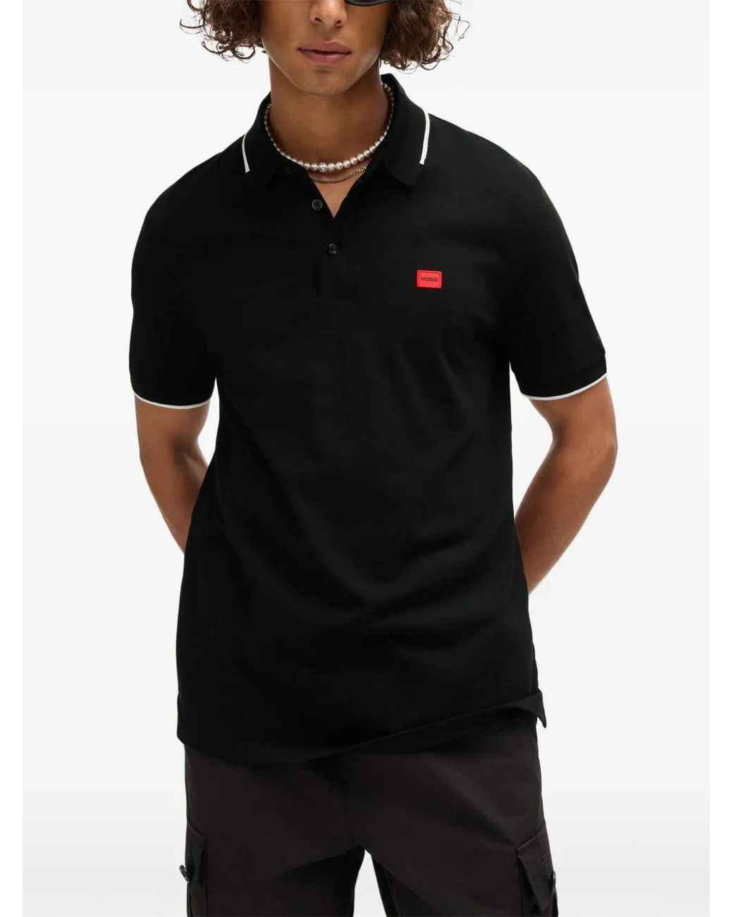 HUGO Black Logo-Patch Polo Shirt for men