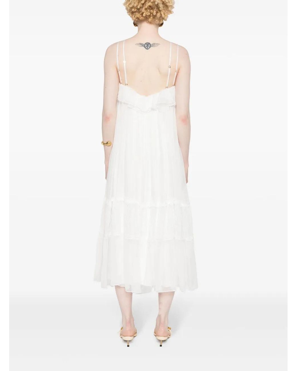 Nissa White Floral-Lace-Detail Silk Dress