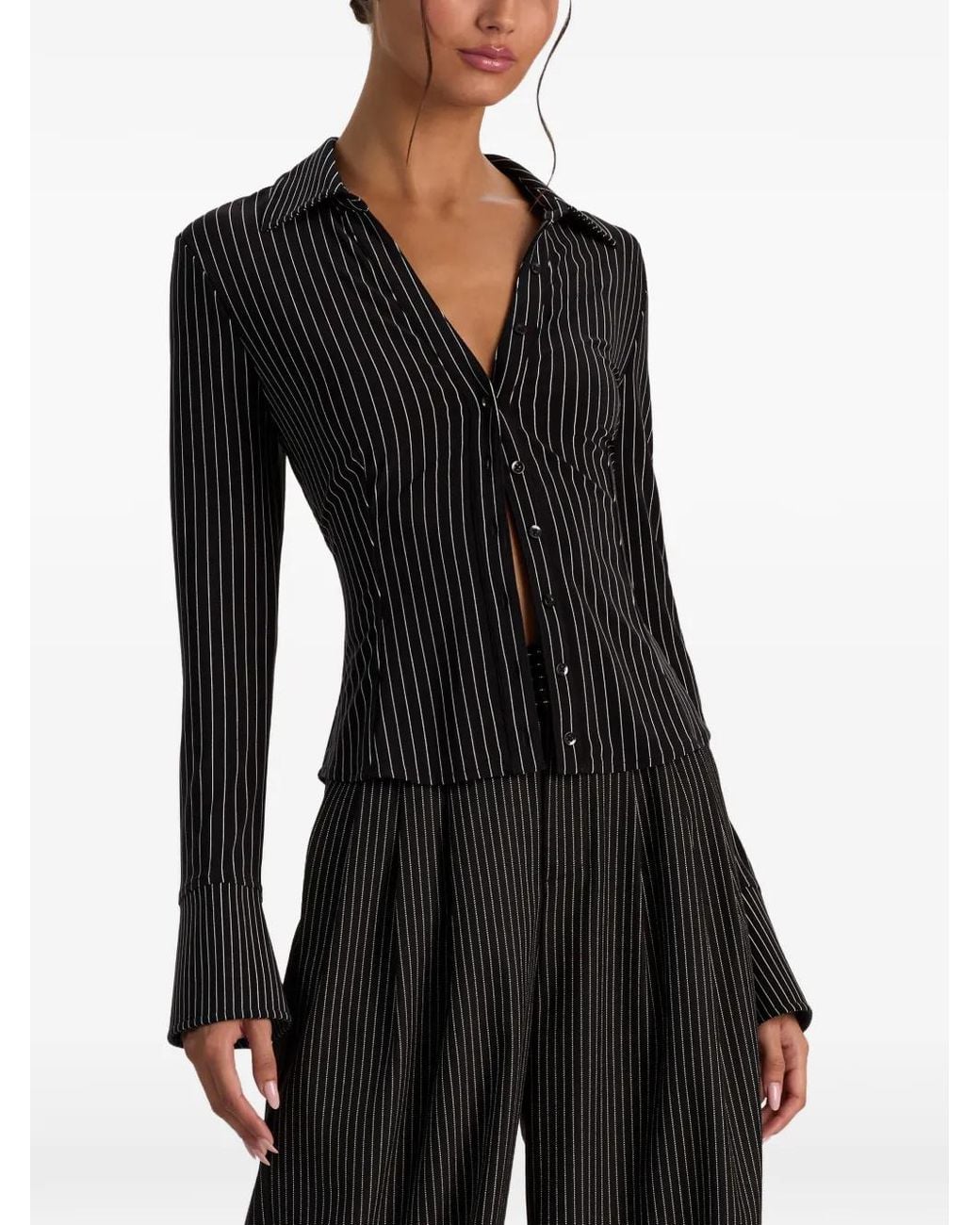 Alice + Olivia Black Blouse Freya Boutonnée À Fines Rayures
